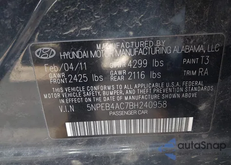 2011 Hyundai Sonata Gls из США, поврежденный, VIN 5NPEB4AC7BH240958